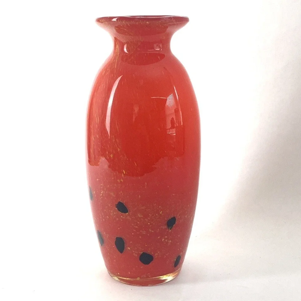 Large Glass Vase Red Gold Fleck Handmade Holiday Christmas Decor Gift Modern